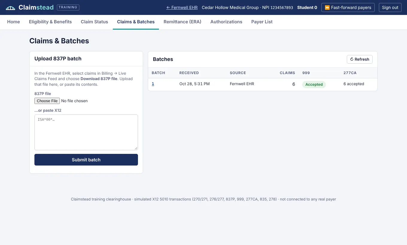 Claimstead claims and batches screen with an accepted batch of six claims