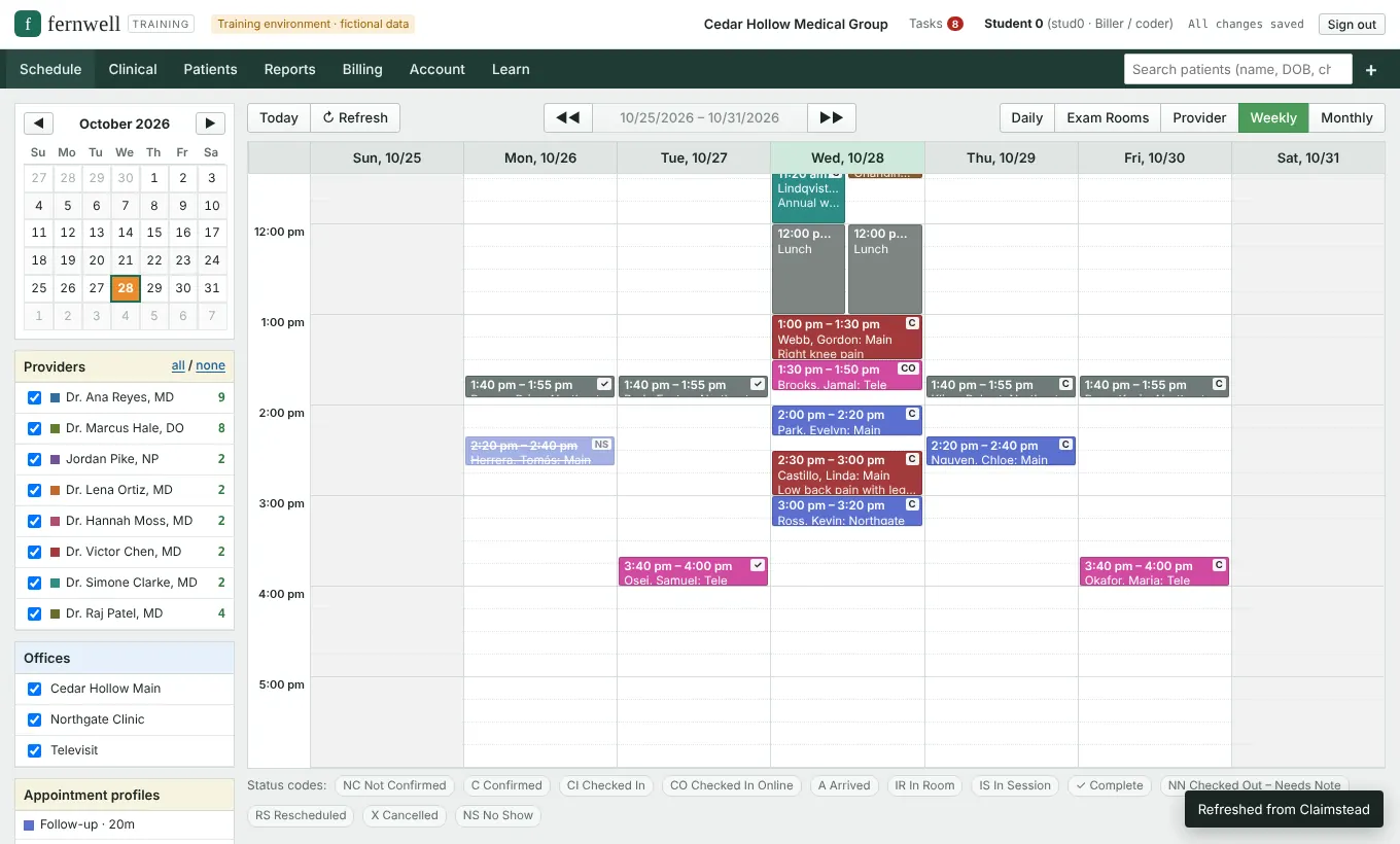 Weekly schedule with color-coded appointments for several providers